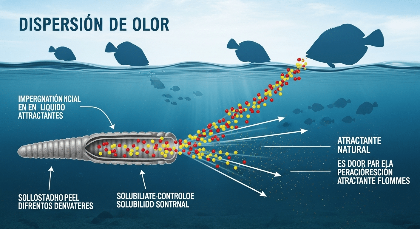 Diagrama de la dispersión de olor en señuelos Berkley Gulp! Alive!