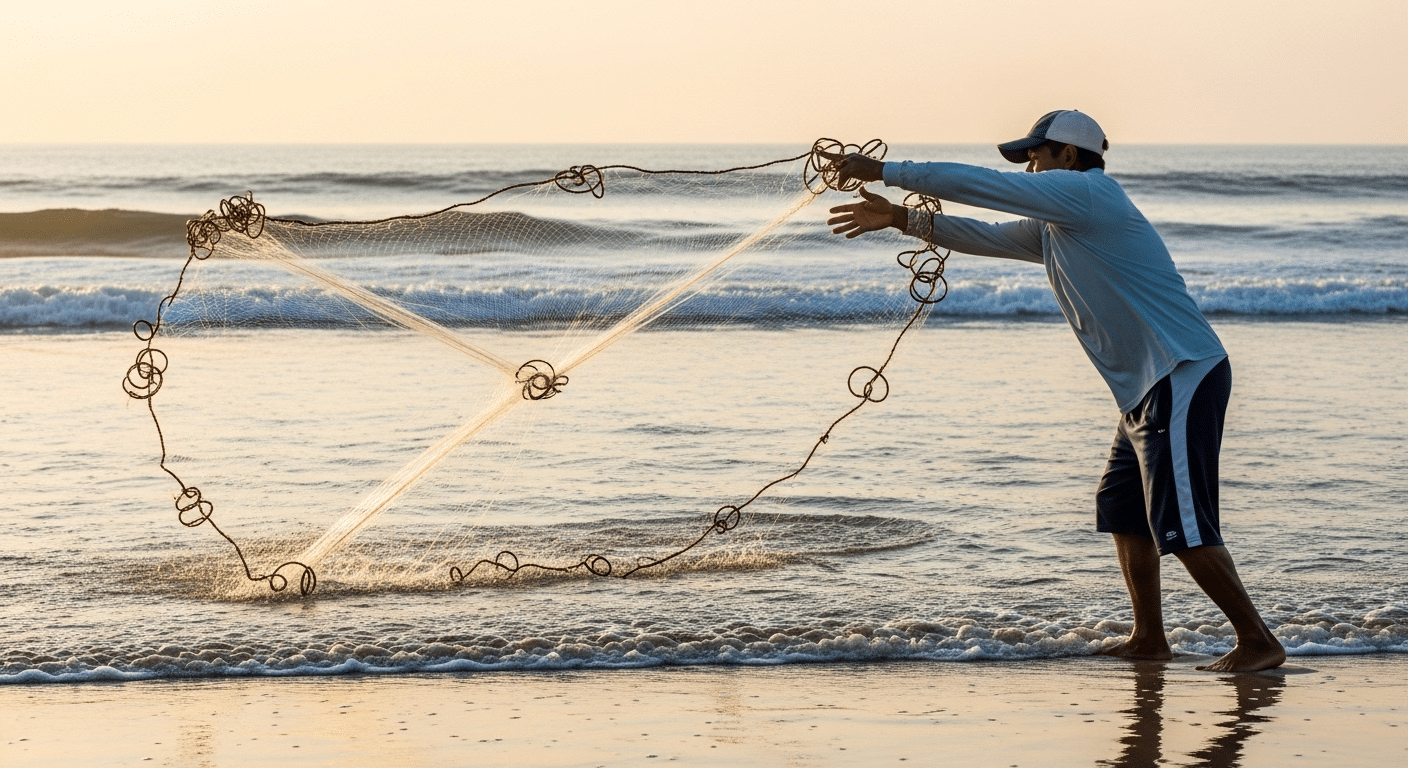 Pescador lanzando atarraya en la orilla del mar