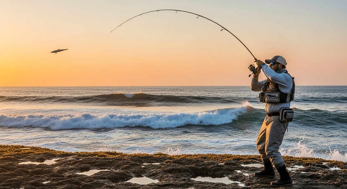 Pescador realizando técnica de twitching en la costa mexicana