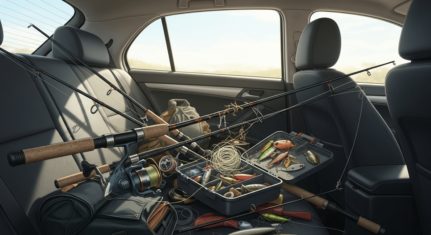 Cañas de pescar sueltas en coche mostrando daños