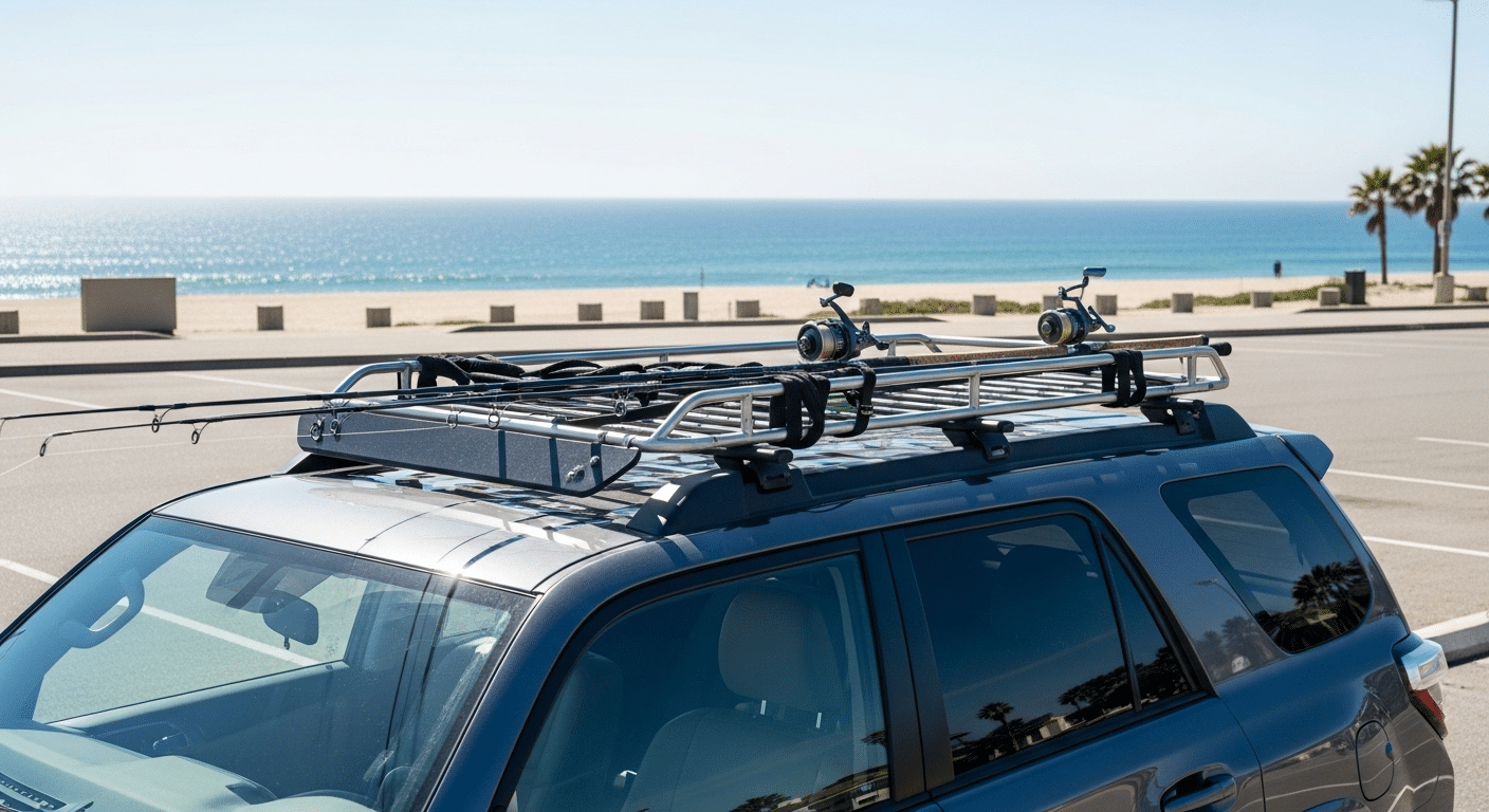 Rack exterior en SUV con cañas de pescar