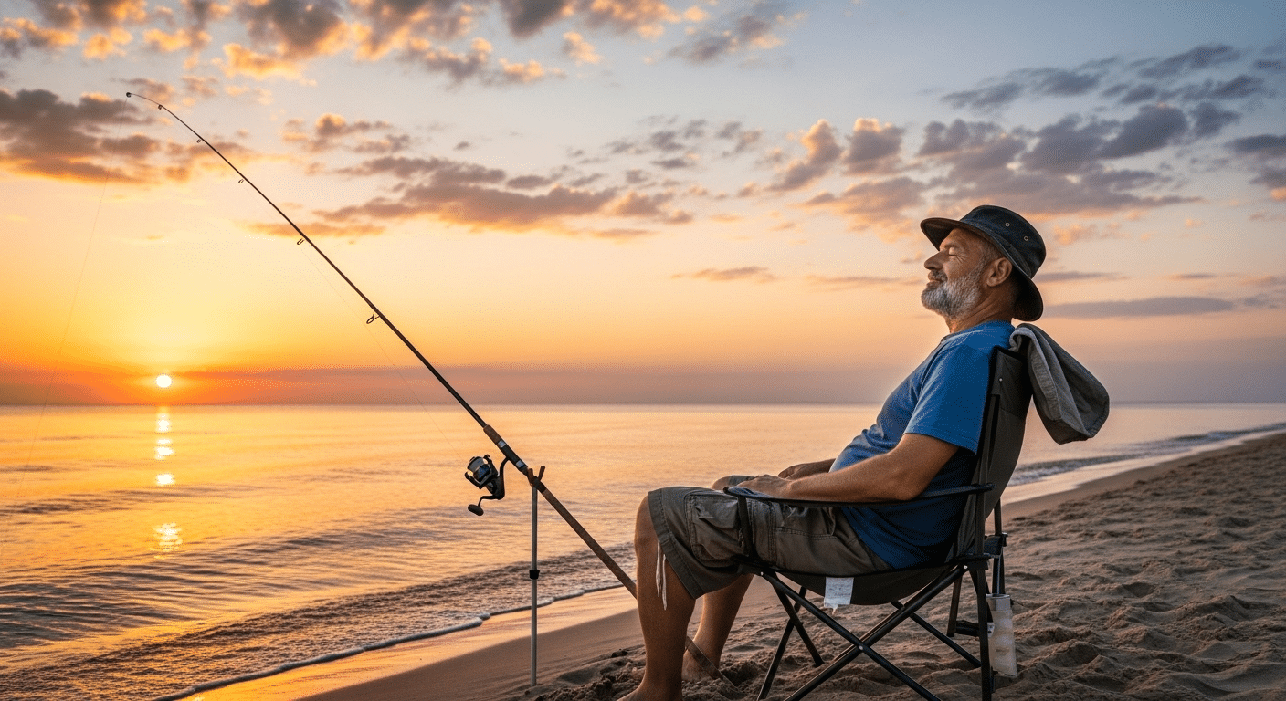 Pescador relajado en silla de pesca en la playa